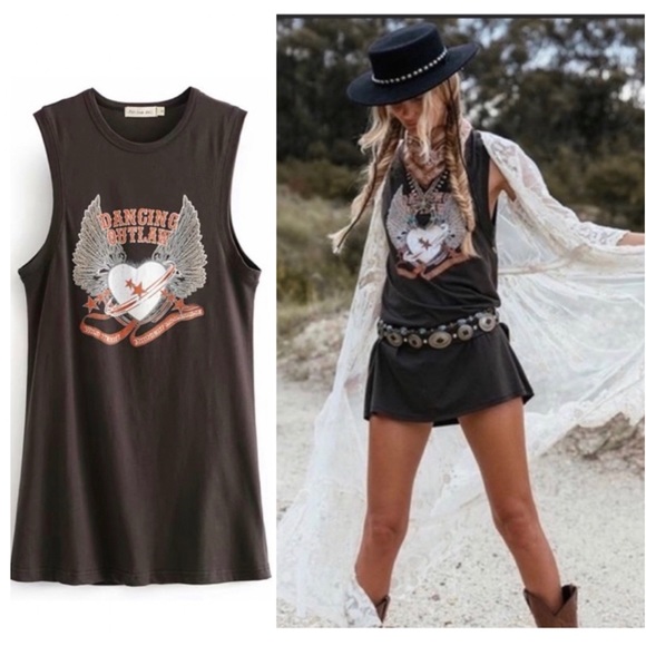 Dancing Outlaw Boho Graphic Tee Tank Dress NEW - Picture 3 of 11
